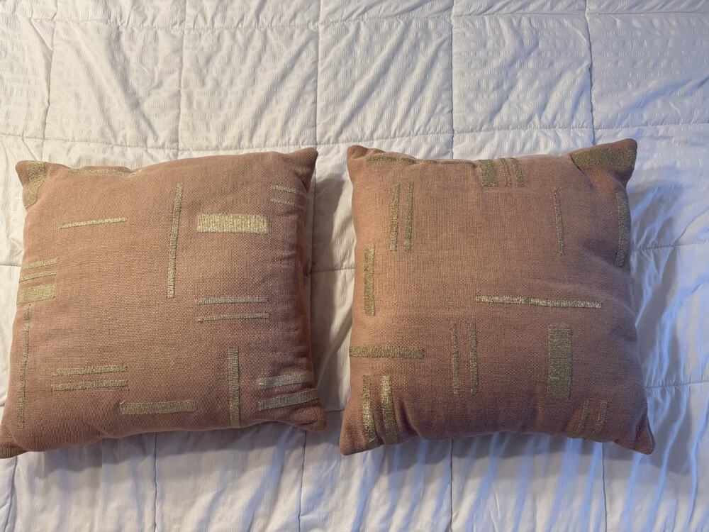 Lot of 2 West Elm Embroidered Metallic Block Pillow Covers & Inserts Pink Stone